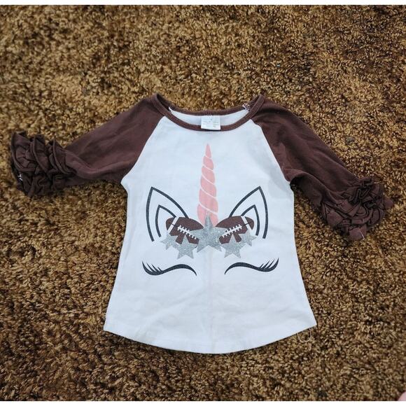 Girls Football Unicorn White Brown Ruffle 3/4 Sleeve Top Shirt Size Small - Picture 1 of 4